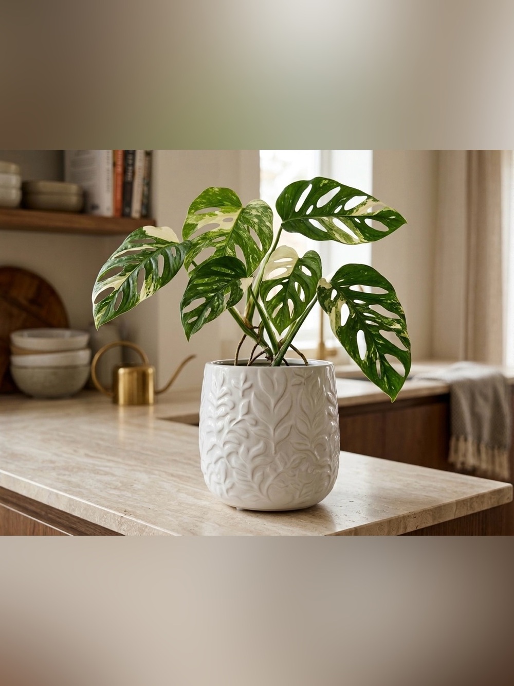 White Leaf Ceramic Planter with Drainage Hole, 5 Inch Textured Flower Pot